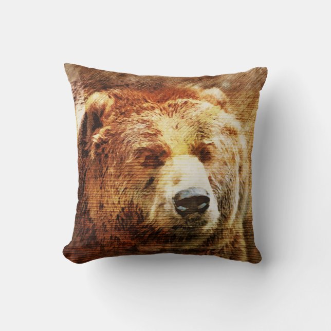 Grizzly Bear Rustic Throw Pillow (Front)