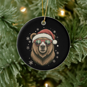 Grizzly Bear Santa Hat Funny Cute Animal Lover Ceramic Ornament