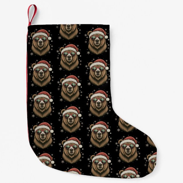 Grizzly Bear Santa Hat Funny Cute Animal Lover  Small Christmas Stocking (Front)