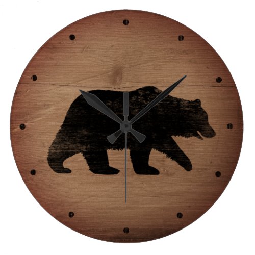 Grizzly Bear Silhouette Rustic Style Large Clock
