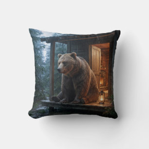 Grizzly Bear Sitting on Porch of Cozy Cabin Throw Pillow