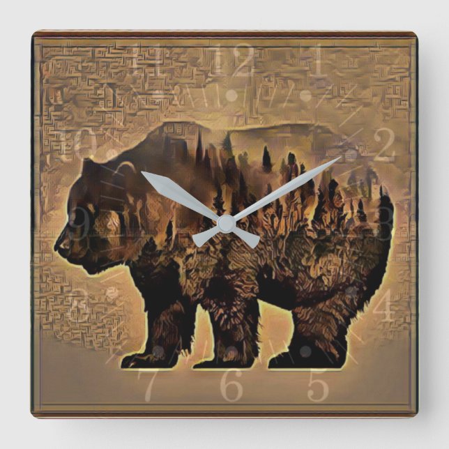 Grizzly Bear Square Wall Clock (Front)