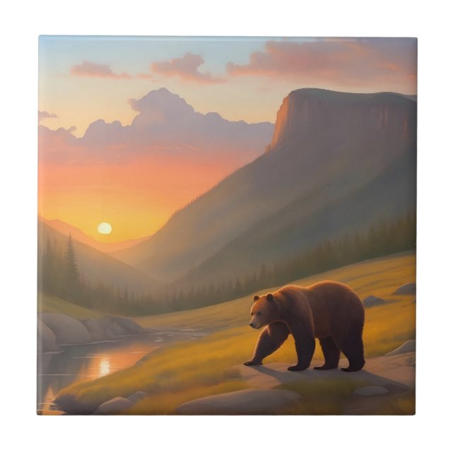 Grizzly Bear Sunset Forest Cabin Lodge Ceramic Tile (Front)