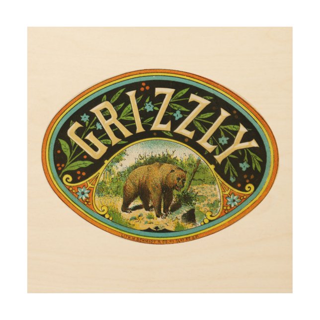 Grizzly Bear Vintage Cigar Box Seal Wood Panel (Front)