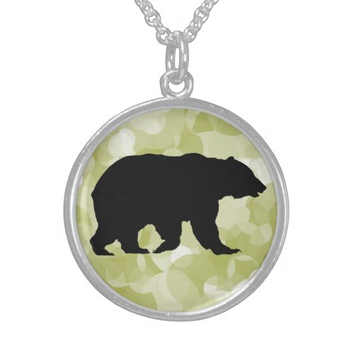 Grizzly Bear Walking Black Silhouette Sterling Silver Necklace