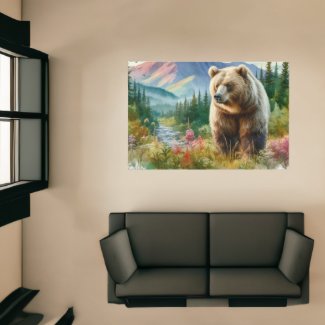 Grizzly Bear Watercolor Nature and Wildlife  Rug