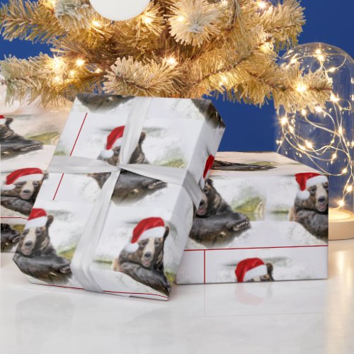 Grizzly Bear With Santa Claus Hat  Wrapping Paper