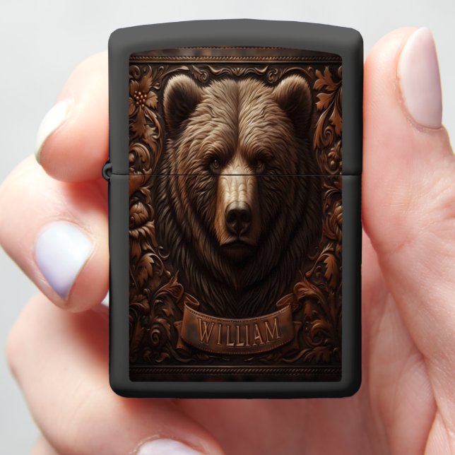 Grizzly Bear Wood Carving Zippo Lighter (In Hand)