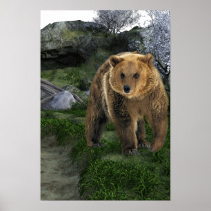 Grizzly Bear Woodland Cabin Style Poster