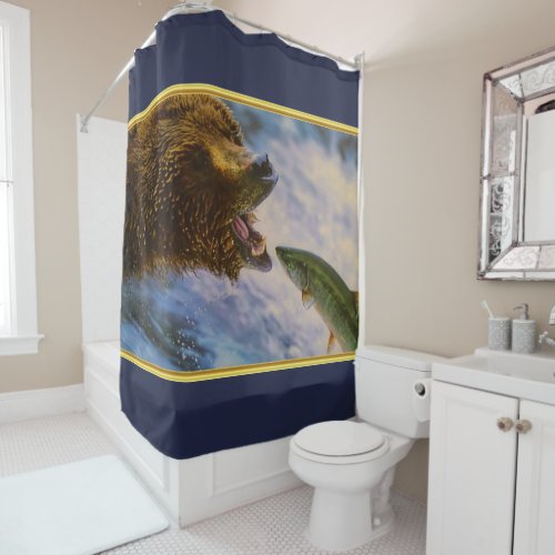 Grizzly bears catching Steelhead salmon in mouth Shower Curtain