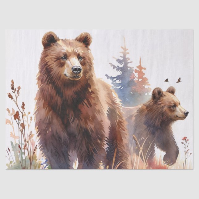 Grizzly Bears Watercolor Woods Tissue Paper (Front)