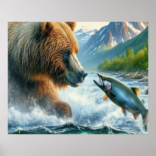 Grizzly Bears with steelhead trout salmon 16x20 Poster