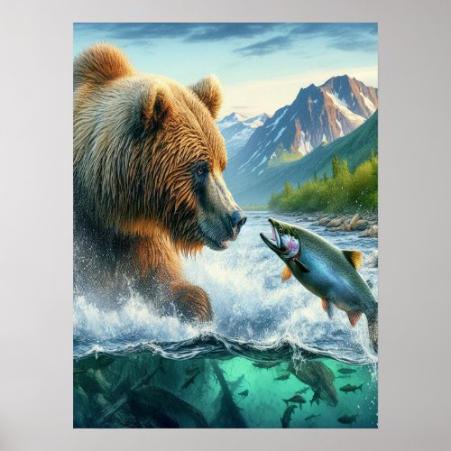 Grizzly Bears with steelhead trout salmon 18x24 Poster