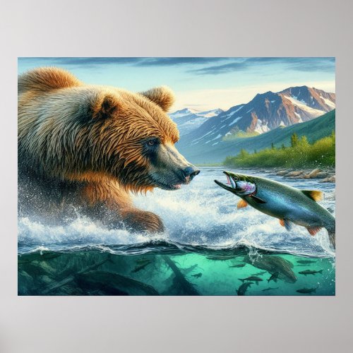 Grizzly Bears with steelhead trout salmon 24x18 Poster