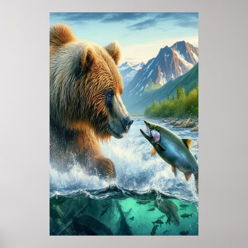 Grizzly Bears with steelhead trout salmon  24x36 Poster