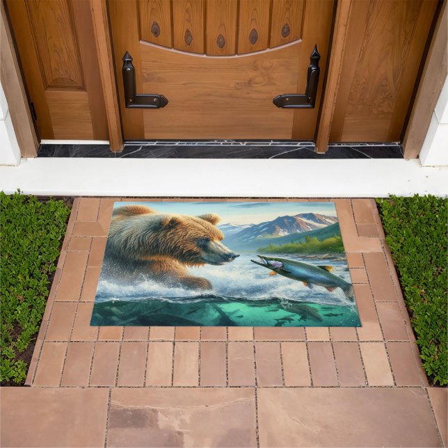 Grizzly Bears with steelhead trout salmon  36x24 Doormat (Outdoor)