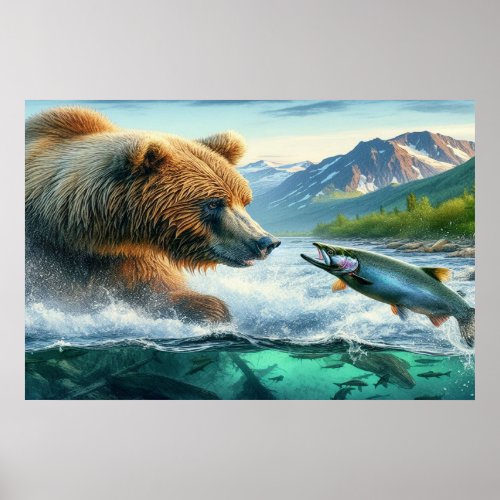 Grizzly Bears with steelhead trout salmon  36x24 Poster