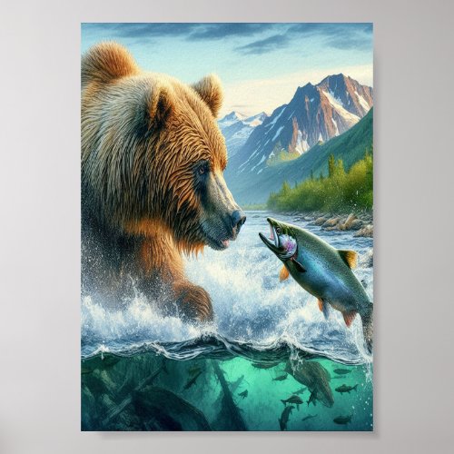 Grizzly Bears with steelhead trout salmon 5x7 Poster