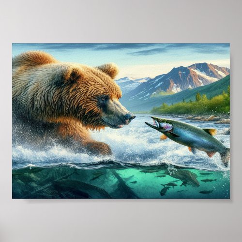 Grizzly Bears with steelhead trout salmon 7x5 Poster
