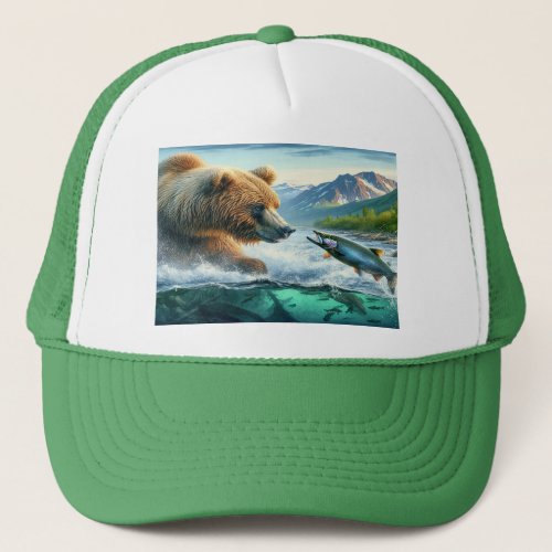 Grizzly Bears with steelhead trout salmon 7x5 Trucker Hat