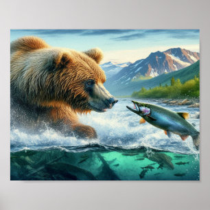 Grizzly Bears with steelhead trout salmon  8x10 Poster