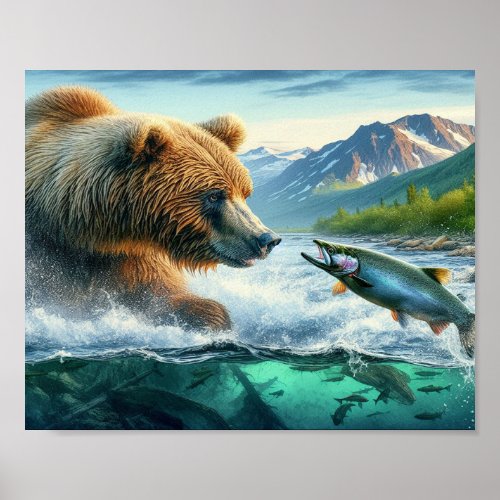 Grizzly Bears with steelhead trout salmon  8x10 Poster