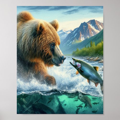 Grizzly Bears with steelhead trout salmon 8x10 Poster