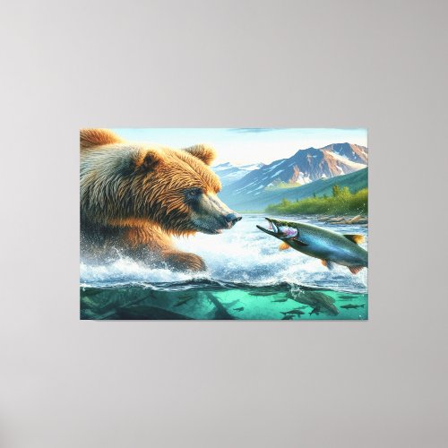 Grizzly Bears with steelhead trout salmon  Canvas Print