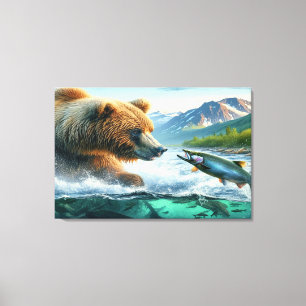 Grizzly Bears with steelhead trout salmon Canvas Print