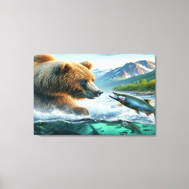 Grizzly Bears with steelhead trout salmon  Canvas Print (Front)