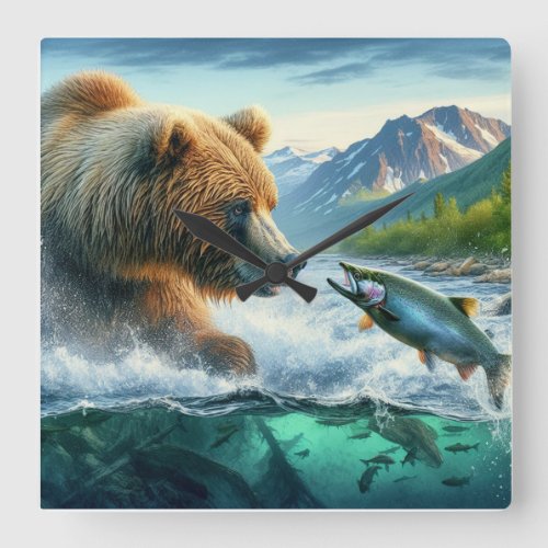 Grizzly Bears with steelhead trout salmon hurdling Square Wall Clock