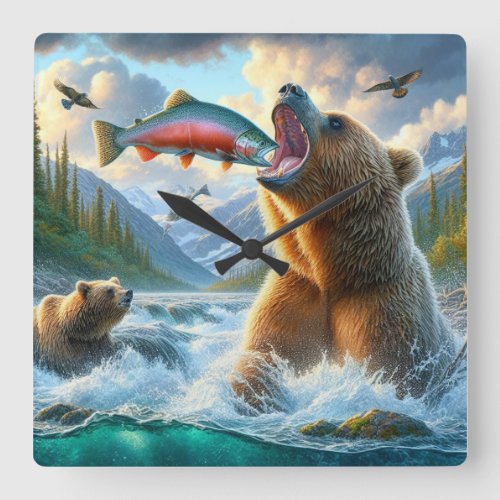 Grizzly Bears with steelhead trout salmon jumping Square Wall Clock