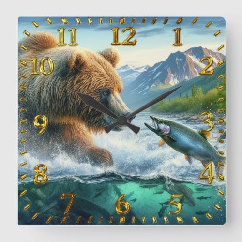 Grizzly Bears with steelhead trout salmon leaping Square Wall Clock