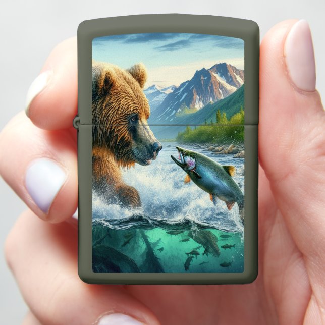 Grizzly Bears with steelhead trout salmon Zippo Lighter (In Hand)