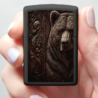 Grizzly Carving in Leather Zippo Lighter