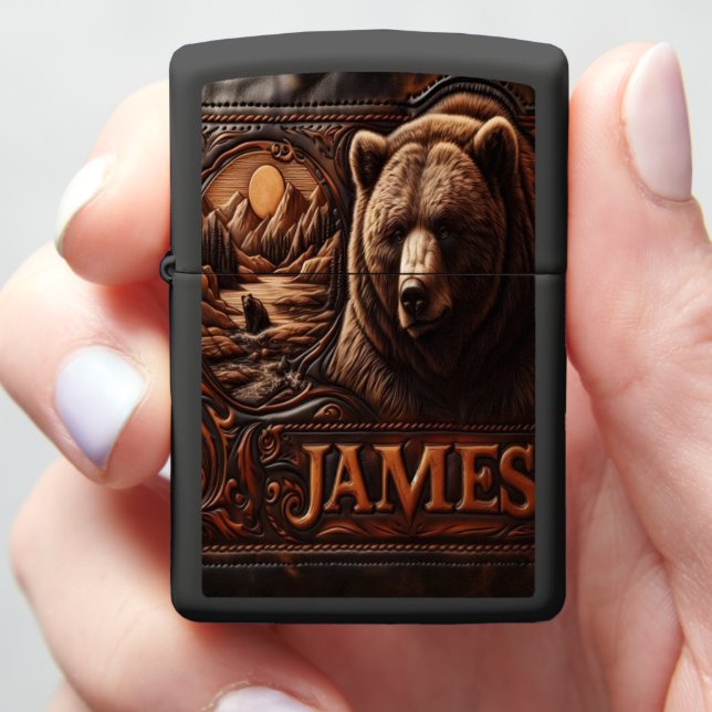 Grizzly Carving Zippo Lighter (In Hand)