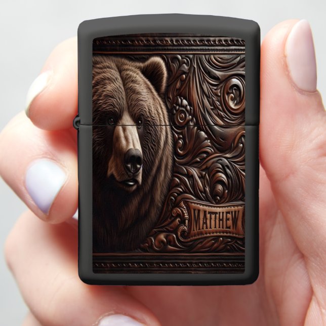 Grizzly Carving Zippo Lighter (In Hand)