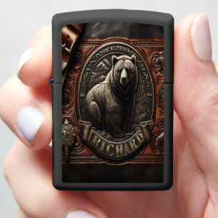 Grizzly Embossed On Leather Zippo Lighter