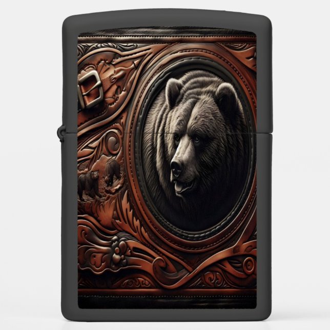 Grizzly In Leather Zippo Lighter (Front)
