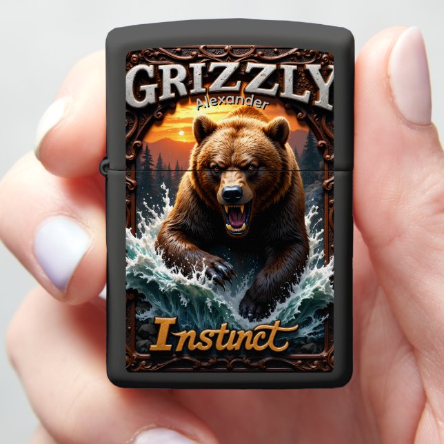 Grizzly Instinct Roaring Bear Forest Case Zippo Lighter (In Hand)