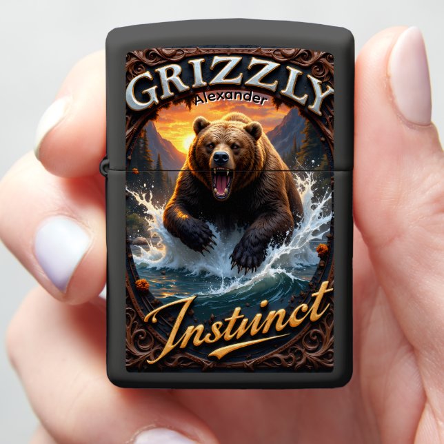 Grizzly Instinct Roaring Bear River Case Zippo Lighter (In Hand)