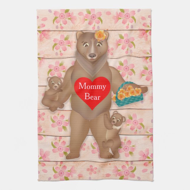 Grizzly Mommy Bear with cubs, Mom love! Kitchen Towel (Vertical)