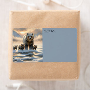 Grizzly Mother Baby Bear Cubs Frozen Lake Label