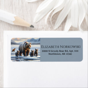 Grizzly Mother Baby Bear Cubs Frozen Lake Red Fox Label