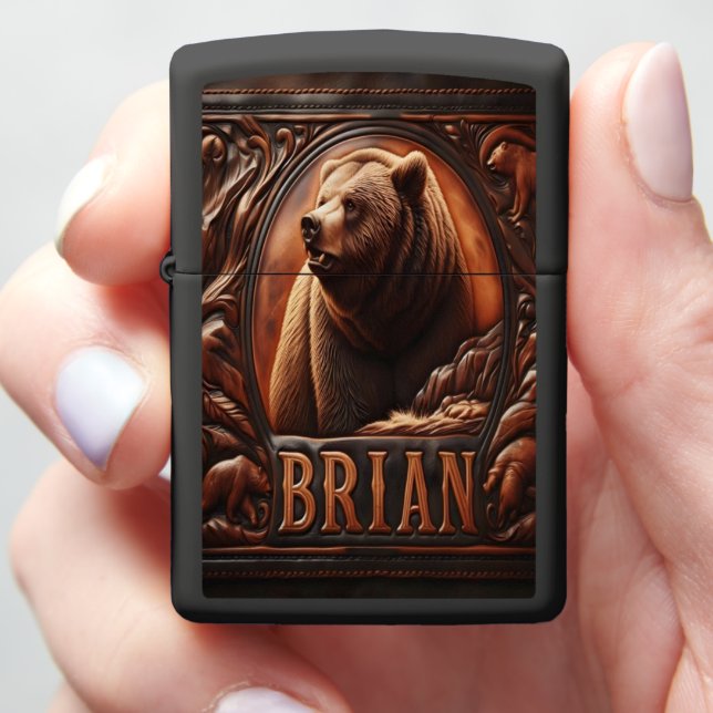 Grizzly Portrait Carved in Leather Zippo Lighter (In Hand)