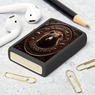 Grizzly Portrait in Leather Zippo Lighter
