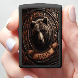 Grizzly Portrait in Leather Zippo Lighter