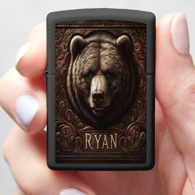 Grizzly Portrait on Carved Leather Zippo Lighter (In Hand)