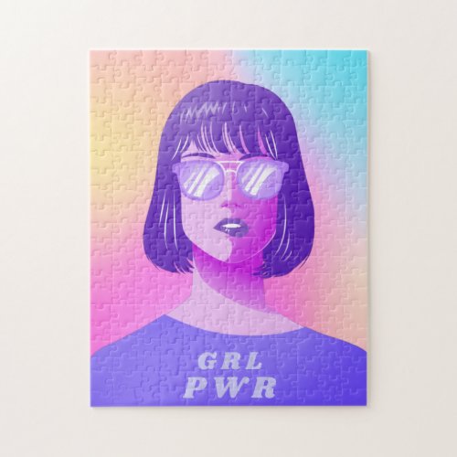 GRL Power Typography  Girl Feminist Purple Hair   Jigsaw Puzzle