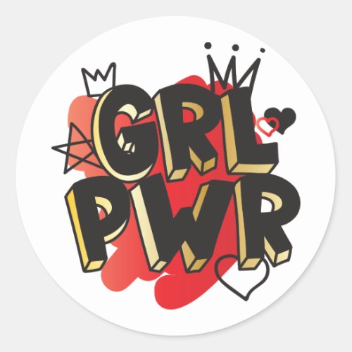 GRL PWR Crown  Hearts Red  Gold Classic Round Sticker